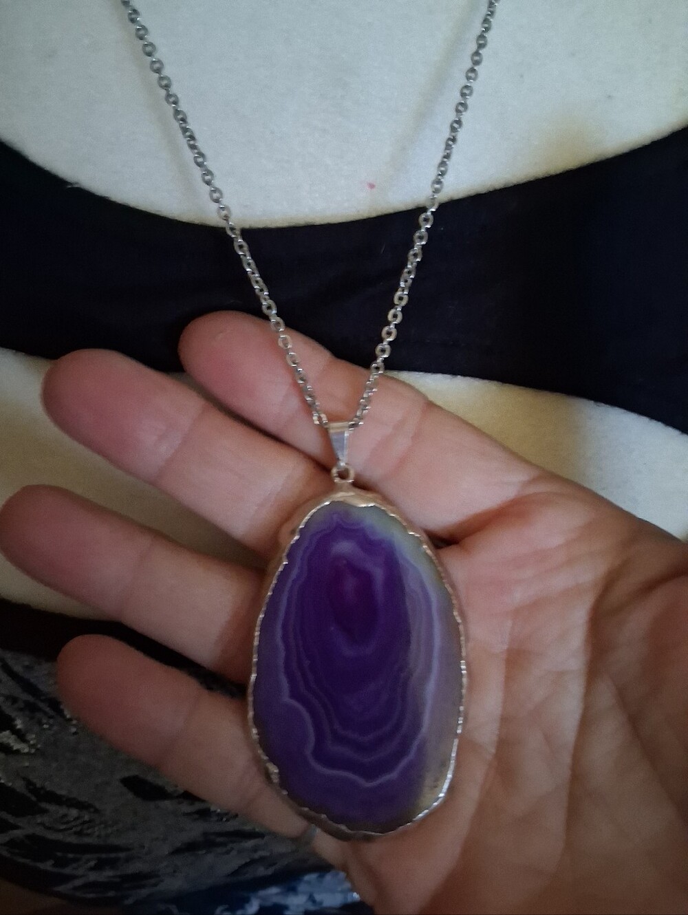 Purple Agate Sterling Silver Layered Pendant Necklace - Women's Silver Chain
